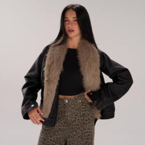 Faux leather jacket with faux fur
